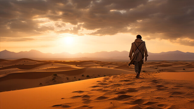 Handsome arabian man walking in the desert at sunset