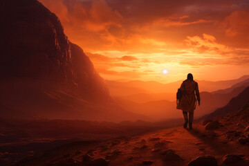 Fototapeta na wymiar Man walking in the desert at sunset.