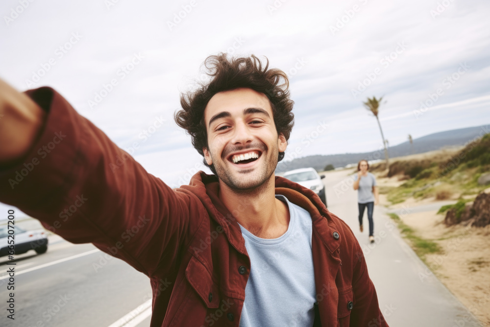 Poster man is seen taking selfie on side of road. this image can be used to depict modern technology and so
