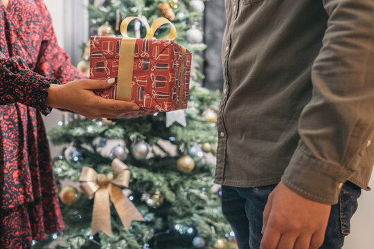 Close up image of a woman offering a christmas present to a young man in front of the christmas tree.