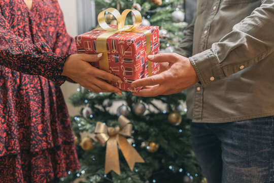 Close-up image of a woman handing a christmas gift to a young man in front of the christmas tree.