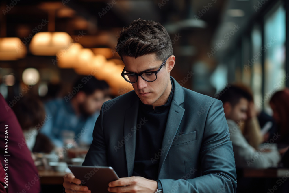 Aufkleber man is sitting at table and using tablet computer. this image can be used to illustrate technology, 