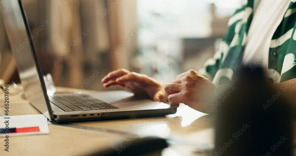 Aufkleber Remote work, hands and laptop typing with digital job and freelancer with programming. House, computer and app database with research and planning with web developer project and analytics on software