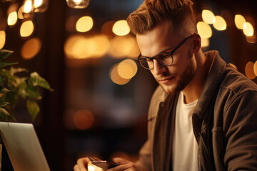 Man is sitting at table and using cell phone. This image can be used to illustrate technology, communication, or modern lifestyle.