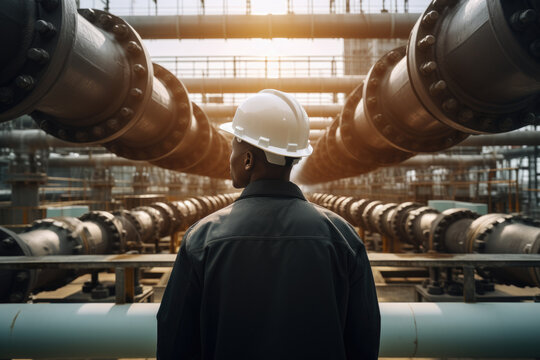 Man wearing hard hat is standing in front of row of pipes. This image can be used to represent construction, industry, or engineering projects.