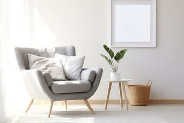 Simple and cozy living room with comfortable chair and vibrant plant. Perfect for home decor or interior design projects.