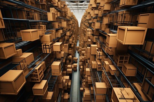 3d rendering of warehouse with rows of cardboard boxes in a warehouse, cartons on the conveyor belt in the industrial logistics center.