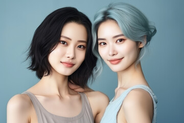 Two women with vibrant blue hair posing for picture. Perfect for fashion, beauty, and diversity-themed projects.