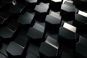 Modern pattern of glossy hexagonal tiles on black background made of 3D blocks. Generative AI