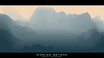 Abstract gray landscape with misty fog till horizon over mountain slopes. Gradient eroded terrain surface. Worlds beyond. - obrazy, fototapety, plakaty