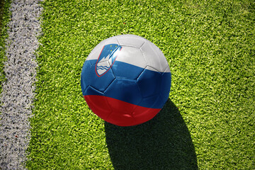 football ball with the flag of slovenia on the green field near the white line