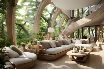 a very spacious living room surrounded by windows and trees - scandinavian decoration - generative AI