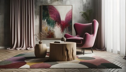 Rose Wing Chair with Geometric Rug Accents
