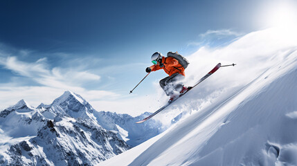 Naklejka na ściany i meble Winter extreme sports cool shot of ski in motion 