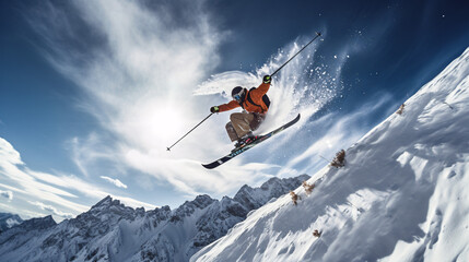 Naklejka na ściany i meble Winter extreme sports cool shot of ski in motion 