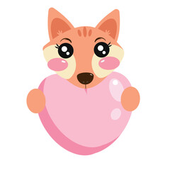 Cute kawaii cartoon fox holding a heart sign. Valentine's day greeting card banner invitation flyer brochure on white isolated background