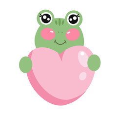 Cute kawaii cartoon frog holding a heart sign. Little animal in love. Illustration for kids