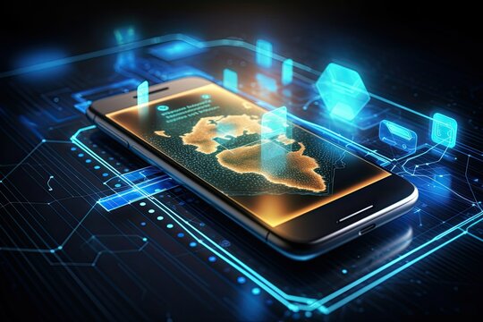 Smartphone with map of Europe on the screen, 3d rendering, smartphone with hologram effects, digital technology, futuristic applications, neon light