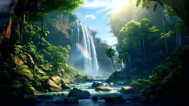 waterfall in forest jungle wit stream river video background looping for live wallpaper 