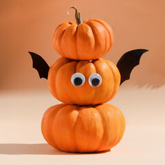 Halloween banner. cute pumpkins with googly eyes and funny faces. . Copy space, art activity for...