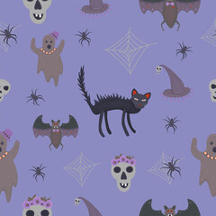 Halloween seamless pattern with spooky items, vector illustration with blue background