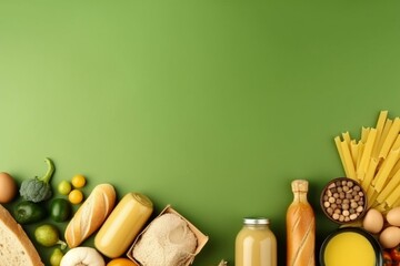Green banner with food donations, copyspace, pasta, fresh vegetables, canned food, baguette, eggs, and organic oil. Donation, volunteering, and contactless delivery food concept. Flat. Generative AI - obrazy, fototapety, plakaty