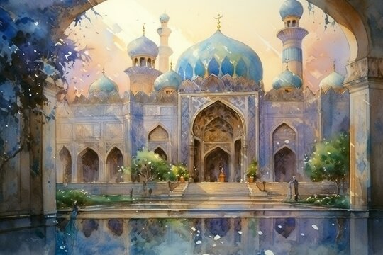 Stunning watercolor painting of an Islamic mosque. Generative AI