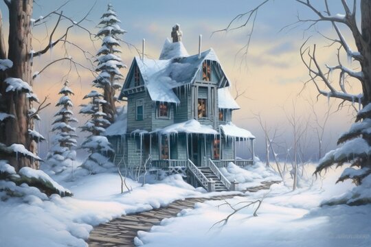 Winter house painting. Generative AI