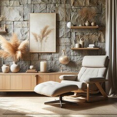 Beige fabric lounge recliner chair against stone cladding wall. Rustic minimalist home interior design of modern living room