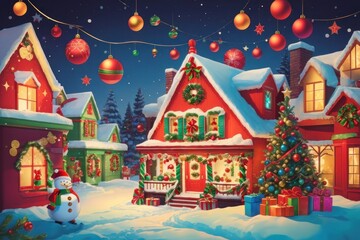 Colorful illustration of the exterior of houses in a Christmas village with the street covered in snow, Christmas decorations, gifts, and a festive atmosphere.