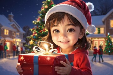 A child with a Santa hat and a big smile holds a gift with a gold ribbon in front of a festive Christmas tree and a snowy neighborhood. - obrazy, fototapety, plakaty