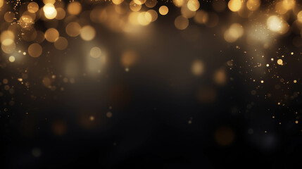 Abstract background with bokeh blurred lights in black and gold colors.  Christmas and New Year concept. - obrazy, fototapety, plakaty