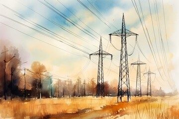 Watercolor painting of transmission towers on sky background. Generative AI