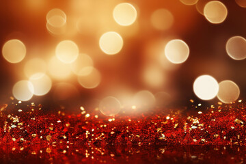 Abstract christmas background in red and gold colors with bokeh defocused lights and stars