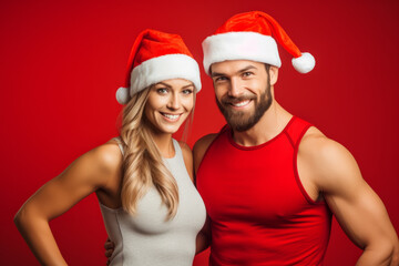 A sporty couple wearing father christmas santa hat. New years resolution. Holiday healthy lifestyle