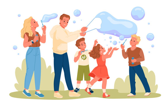 Family people blow soap foam bubbles and play on fun summer party in park vector illustration. Cartoon man and woman show to cute kids big clear balloons, recreation of happy characters in nature