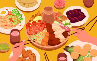 Cartoon tiny happy family people gathering together and cooking delicious hot feast meal in pot on table, cute characters cook gourmet spicy meat and vegetable. Cooking hotpot dish