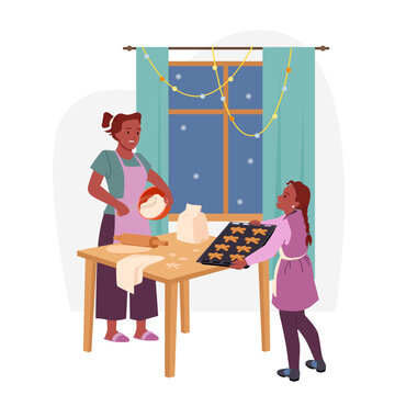 Family People Bake Cookies Vector Illustration. Cartoon Woman And Kid Cooking At Kitchen Table, Mother And Daughter Baking, Making Sweet Cake Together, Child Holding Tray With Christmas Gingerbread