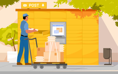 Delivery of parcels in automatic post locker vector illustration. Cartoon postman with cart full of packages holding pile of packets and letters to put in open door, deliver orders to postomat