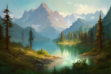 Fototapeta na wymiar a stunning painting of a serene lake surrounded by majestic mountains. Generative AI