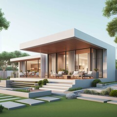 Modern ranch style minimalist cubic house with terrace and landscaping design front yard. Residential architecture exterior
