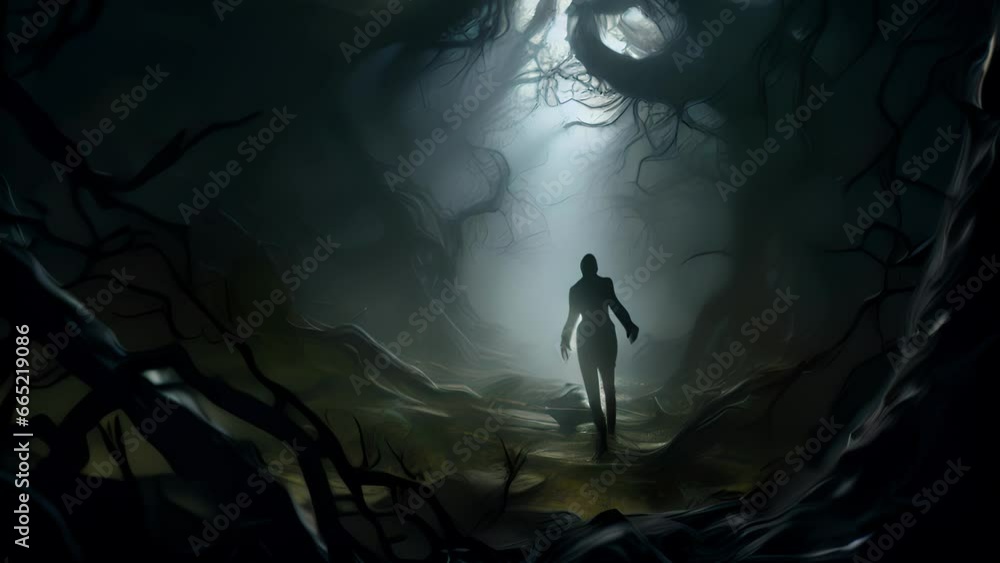 Poster a shadowy figure wanders through a twisted forest, encountering creatures that defy logic and realit