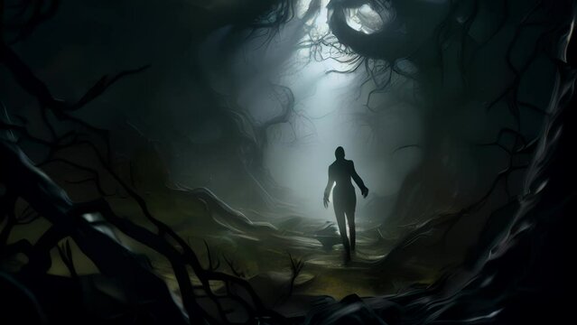 A shadowy figure wanders through a twisted forest, encountering creatures that defy logic and reality. Surreal psychedelic