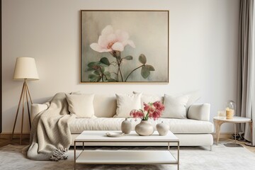 Fototapeta na wymiar A room with a white couch and a painting on the wall, above which is a coffee table with a lamp and a plant-filled vase. Generative AI