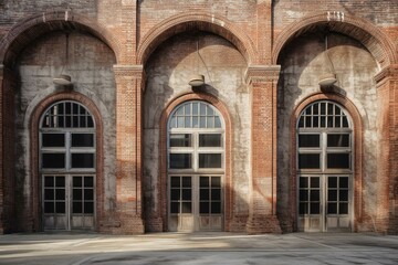 Old brick building with vacant arched windows. Generative AI