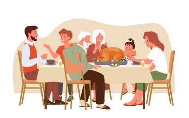 Cartoon mother and father, grandparents and kids sitting at home table with feast meals, characters eat cooked turkey together and talking. Thanksgiving dinner for happy big family