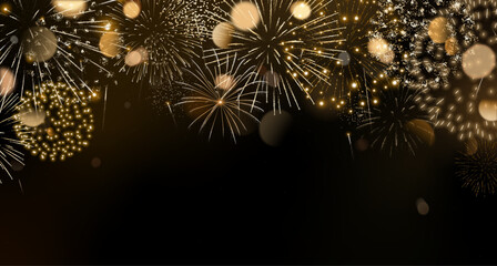 Gold fireworks background with bokeh. New Year background with space for text. Realistic fireworks isolated - obrazy, fototapety, plakaty