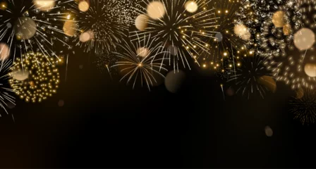 Foto op Canvas Gold fireworks background with bokeh. New Year background with space for text. Realistic fireworks isolated © Auguste Lange