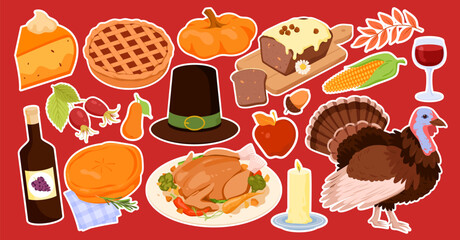Thanksgiving stickers set vector illustration. Cartoon collection of autumn patches with white frame on red background, turkey, vegetable and fruit for Thanksgiving food, pilgrim hat and candle