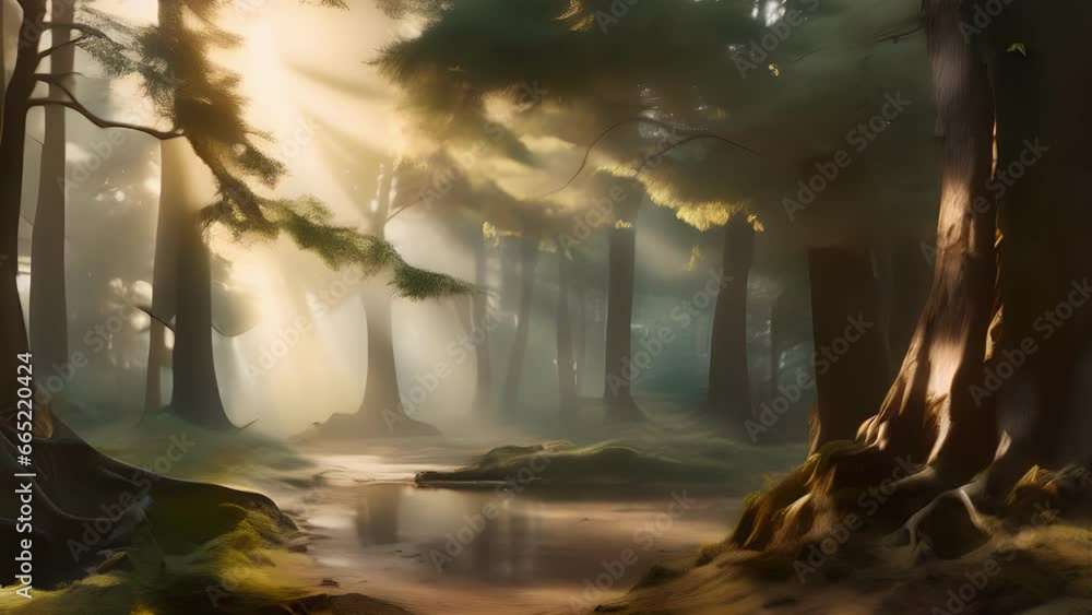Poster experience the ethereal tranquility of a misty forest, where sunlight filters through the canopy, ca